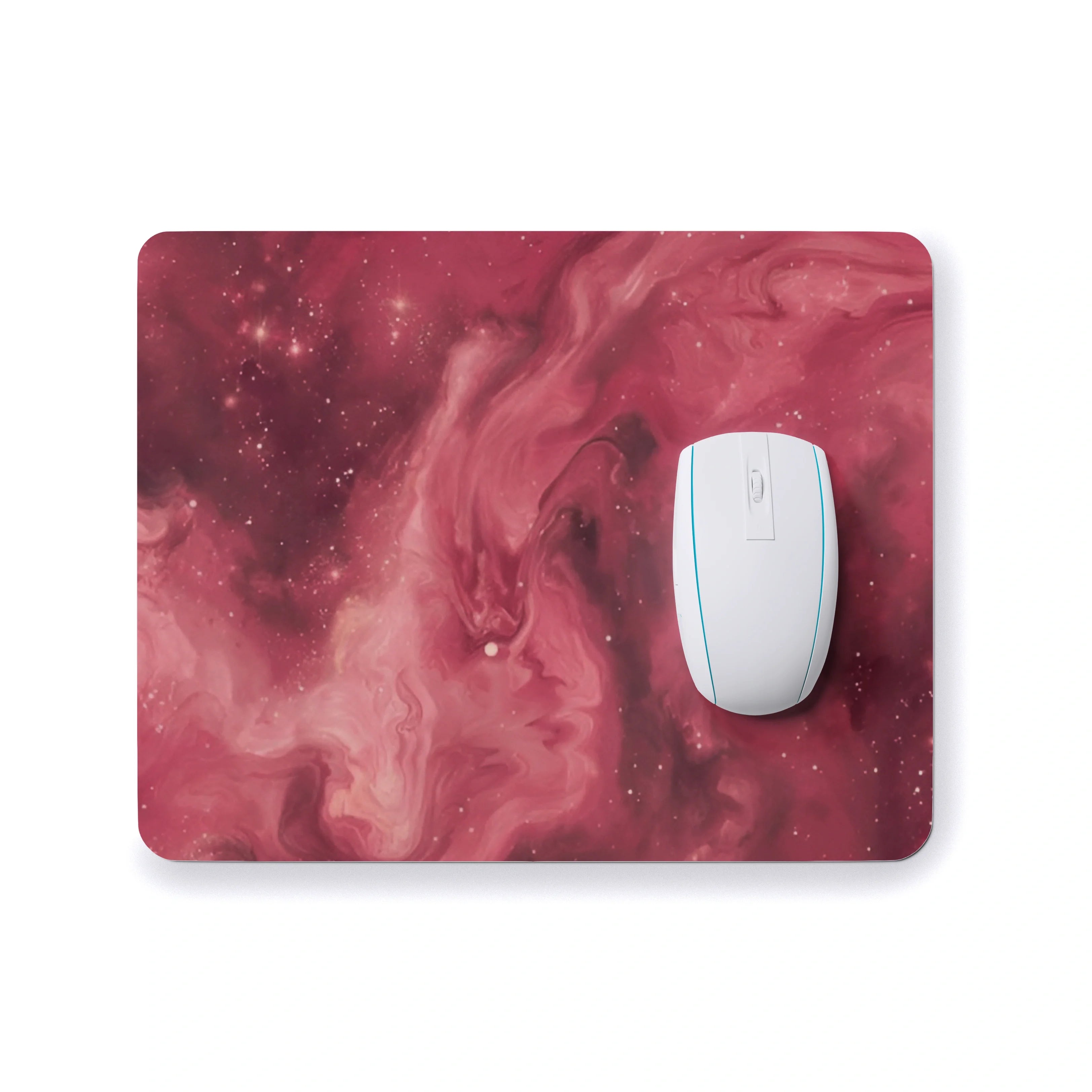 Mouse pad with a swirling red and pink design and a white mouse on a white background